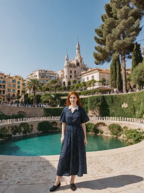 her name is Amelie, high quality, 1girl, ((25-year-old fit Caucasian woman)), ((25 years old)), ((hourglass body shape)), ((straight medium auburn hair)), pose: standing, wearing Popular Generation-Z modern wear elegant colored, BACKGROUND:"In Park Güell, ...