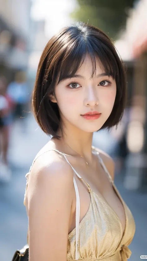 ((Best quality, 8k, masterpiece:1.3))，1girl，18 years old，Asian，Real texture:1.3，(Background blur:1.1)，Dress Up，Tall and slender figure:1.2，(Hot summer weather)，（street:1.3），Highly detailed face and skin textures，Exquisite eyes，Long eyelashes，Double eyelids...