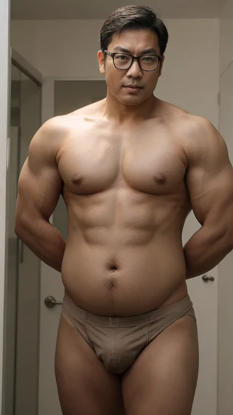 asiatic man, swollen belly, big belly, muscular, glasses