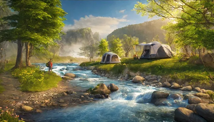 spring,camp site,River side,Rich in nature,Highest quality, 8k, High resolution, masterpiece:1.2, Very detailed, Realistic:1.37, High resolution, 超High resolution, Very detailed, Professional, Vibrant colors