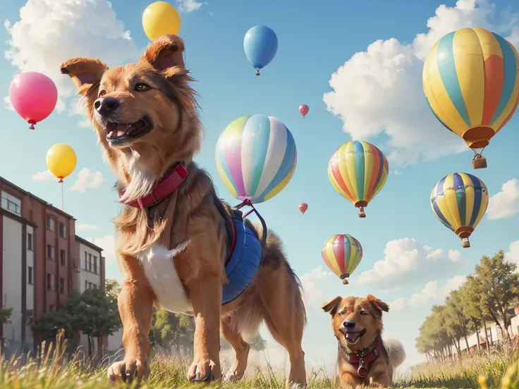 uhd, masterpiece, best quality, highres, (((dog and balloon、aboveにいる、running through the blue sky)))、tying balloons、above、blue s...