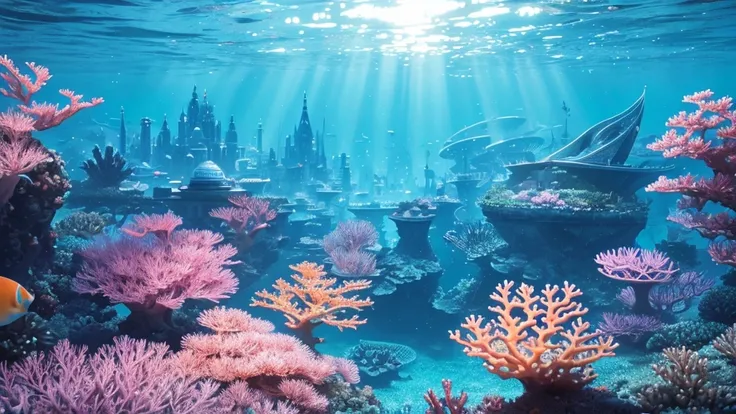 A fantastical and serene deep-sea city. Viewed from the ocean floor looking up towards the water surface. The city is very large with futuristic buildings, domes, and spires. Completely submerged in clear blue and pink water. The entire city is covered by ...