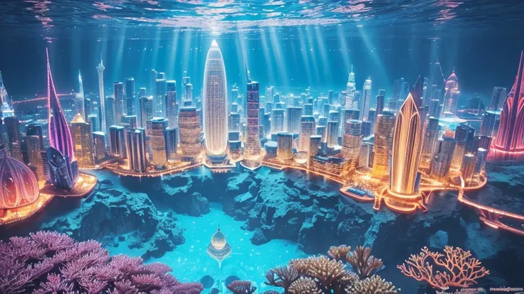 A fantastical and serene deep-sea city. Viewed from the ocean floor looking up towards the water surface. The city is very large with futuristic buildings, domes, and spires. Completely submerged in clear blue and pink water. The entire city is covered by ...