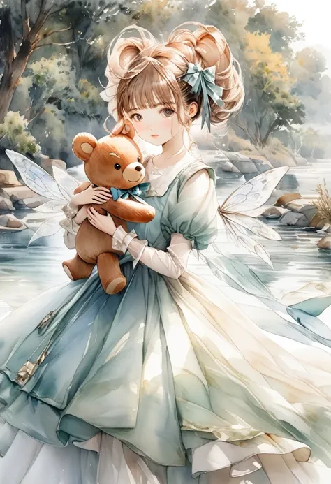 ((antique:1.5)),((hugging a teddy bear)),(Teddy bear),Beautiful and cute woman,1 Female,Solo,Sharp features,Sophisticated,((Watercolor:1.5)),whole body,Ultra-high resolution,((Attention to detail:1.5)),Highest quality,(vintage:1.4),(Cute pose:1.3),fairy ta...