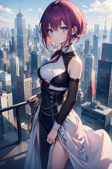 On top of a building、Overlooking the city、A fleeting expression、short hair、Concept Art、masterpiece、high resolution、Small breasts、Photographed from the front