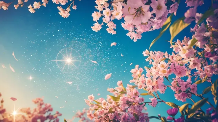 AAll expressed with colorfull jewels, the arrival of spring, various beautiful flowers, angles looking up from below, various jewels falling from the sky, wonderful and beautiful superb view, slightly hazy, fantastic, high resolution, 8K, (best quality, hi...