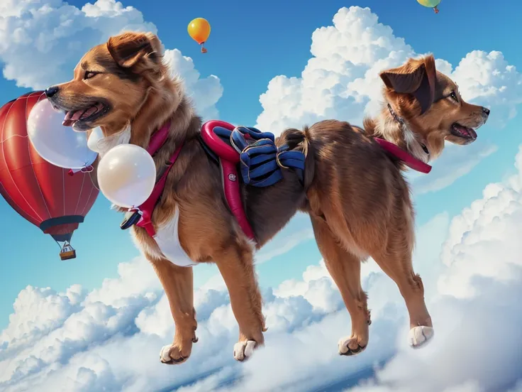 uhd, masterpiece, best quality, highres, (((dog and balloon、floating dog、above the clouds、flying through the sky)))、tying balloo...