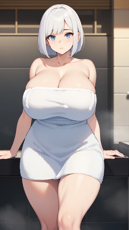 ((Highest quality)), ((masterpiece)), (detailed), 
((huge breasts))
((Very thick thighs))
((Very fleshy young woman))
(Tall)
(cleavage)
(Short White hair)
(bob hairstyle)
Blue eyes
Standing
(((White bath towel only)))
(((Shoot from front)))
Japanese 
bath ...