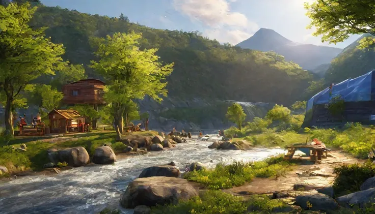 spring,Daytime,camp site,River side,Rich in nature,Highest quality, 8k, High resolution, masterpiece:1.2, Very detailed, Realistic:1.37, High resolution, 超High resolution, Very detailed, Professional, Vibrant colors