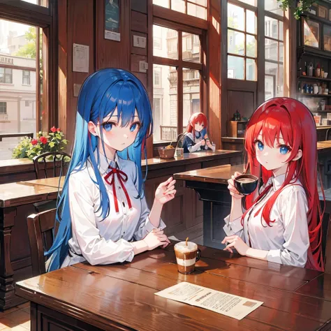 Long Hair、Beautiful eyes、woman、Wooden desk、Cafe、coffee、Contrasting sisters、Red Hair、Blue Hair