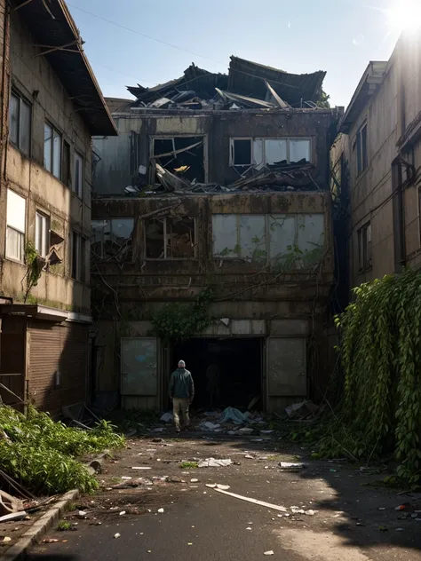 The photograph shows an apocalyptic street view of a financial center 150 years after the fall of human civilization. A man in rags looking for food. The buildings and streets are ruined and covered with lush vegetation up to the roof. There are rusty car ...