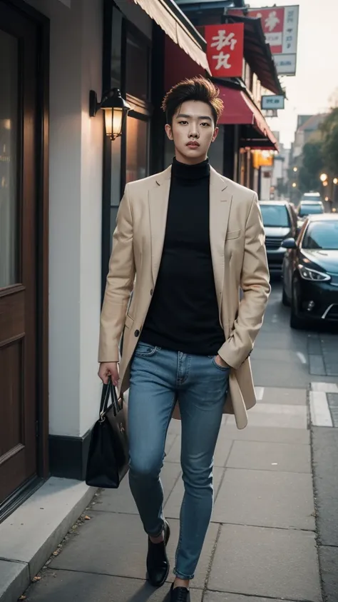 (realistic, คุณภาพhigh: 1.3) Handsome Asian man, high, Black turtleneck shirt, Skinny jeans, photography, Dutch corner, outdoor, Hair style up, hair dyed blonde