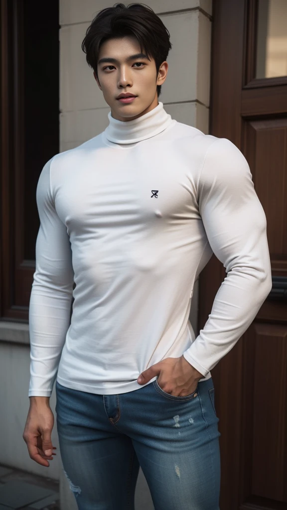 (realistic, คุณภาพhigh: 1.3) Handsome, muscular Asian man. , high, Black turtleneck shirt, Skinny jeans, photography, Dutch corner, outdoor, Hair style up, hair dyed blonde