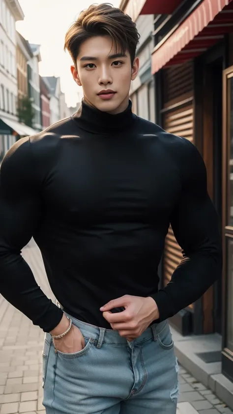 (realistic, คุณภาพhigh: 1.3) Handsome, muscular Asian man. , high, Black turtleneck shirt, Skinny jeans, photography, Dutch corner, outdoor, Hair style up, hair dyed blonde