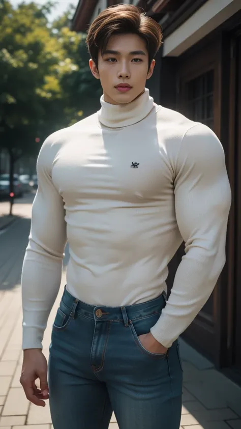 (realistic, คุณภาพhigh: 1.3) Handsome, muscular Asian man. , high, Black turtleneck shirt, Skinny jeans, photography, Dutch corner, outdoor, Hair style up, hair dyed blonde