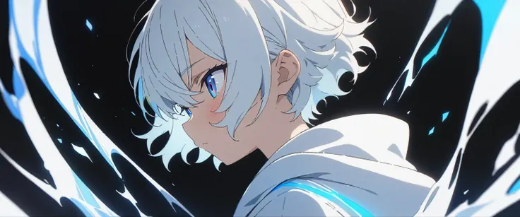 [(BLACK BACKGROUND:1.5)], ((((masterpiece)))), high quality, very_high_resolution, large_filesize, full color, solo, (((younger boy))), ((beautiful white short hair)), (blue color eyes), white hoodie white, (White effect:1), anime,