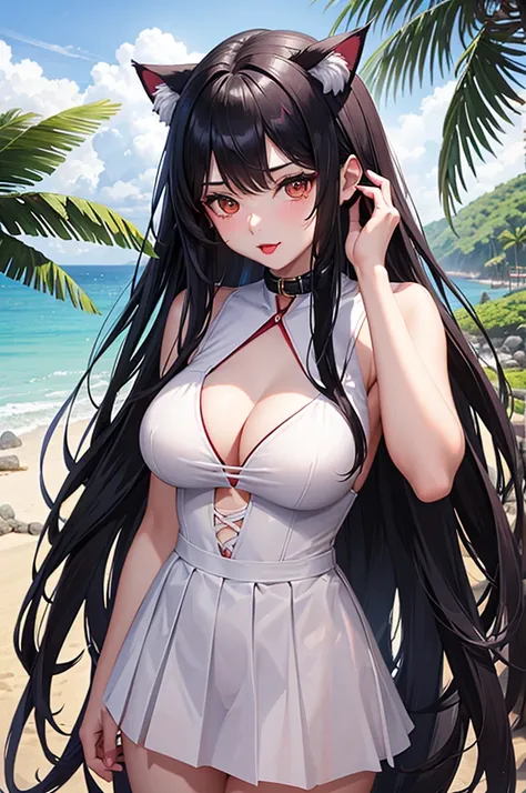 Detailed facial details，16 years old，1 girl，Red lips，Cat ear，Black long hair，Wearing a pure white vest，White pleated skirt，Large Breasts，Slim，Collar，Radiant Skin，坐在Beach椅上，Beach，coconut tree，beach