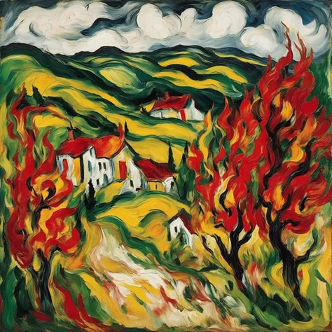 Maurice de Vlaminck Style - Painting painted by Chaim Soutine. An expressionist depiction of a windswept landscape, rendered in frenzy, thick brushstrokes. The trees and houses seem to sway and twist, reflecting the emotional turmoil of the scene. The pale...