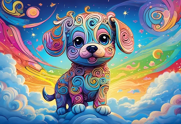 swirly art puppy character, fly through beautifully detailed skies、detailed outline, cute, art brut style, dynamic pose, whimsic...