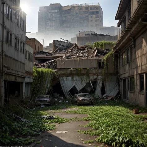 The photograph shows an apocalyptic street view of a financial center 150 years after the fall of human civilization. A man in rags looking for food. The buildings and streets are ruined and covered with lush vegetation up to the roof. There are rusty car ...