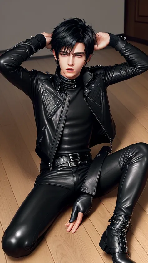 Final fantasy taste and reality graphics, ((Japanese young cute and cool ikemen  boy)), his age is early 20s, thin eyebrows and beady eyes,  ((he wearing black color leather  thick and heavy material jacket)), ((jacket is singlebrest)), ((biker style jacke...