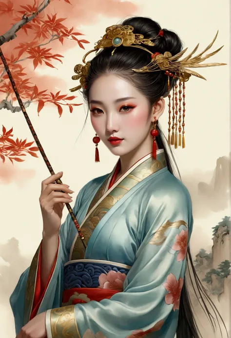 A beautiful dancer in ancient China,delicate lines,gorgeous costumes in ancient China,delicate and vivid,shy face,willow leaf eyebrows,personality depiction,coiled hair,gold leaf,flowing clouds,watercolor,crane surrounding,ink painting,gentle eyes,meticulo...