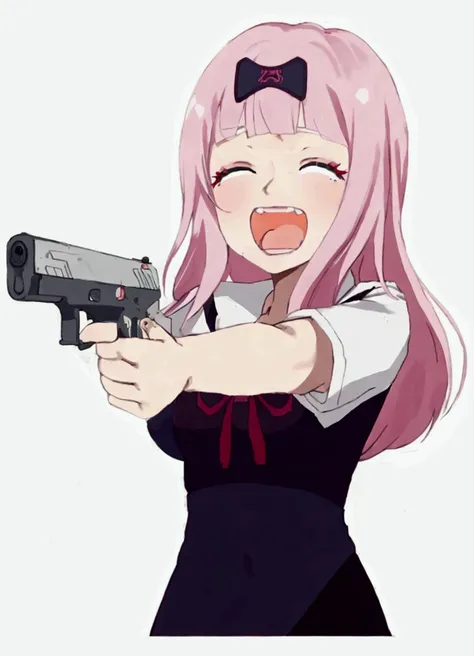 a woman with pink hair holding a gun and pointing it at the camera, with pistol, anime shot, anime machine gun fire, with a gun, female action anime girl, gapmoe yandere, shooting pose, holding gun, holding a pistol, trigger anime artstyle, haruno sakura, ...