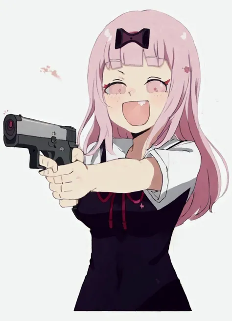 a woman with pink hair holding a gun and pointing it at the camera, with pistol, anime shot, anime machine gun fire, with a gun, female action anime girl, gapmoe yandere, shooting pose, holding gun, holding a pistol, trigger anime artstyle, haruno sakura, ...