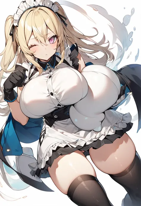 (One girl)、(medium length hair)、(sidelock)、((Blonde))、(slan eyes)、（boyish）、cute、(Big super breasts)、((Chubby))、Maid、No sleeve、mini skirt、White sleeveless、thigh-high socks thighhighs、(long gloves)、hairs between eyes、(coarse hair)、[flipped hair]、pink eye、exp...