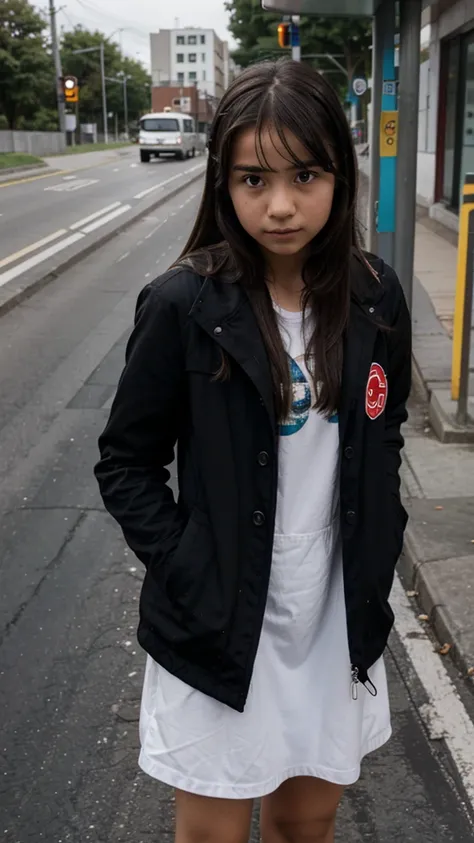 Young girl waiting for a bus on the road