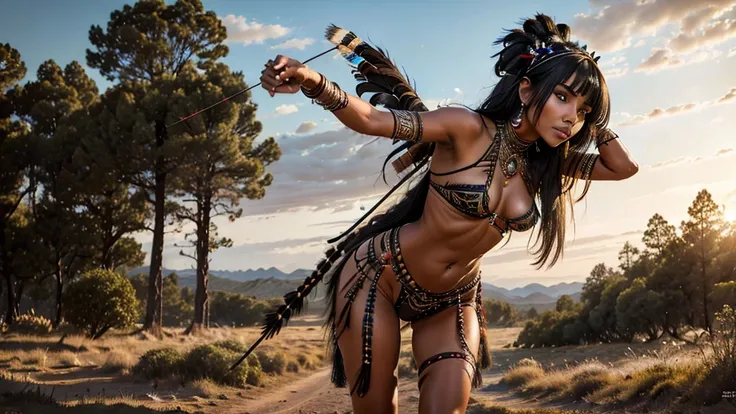 indigenous girl -HD photo - sexy photo -indigenous warrior- full body photo- beautiful legs- forest- high detailed- perfect face- straight black hair- straight bangs -snake- war paint- feather headdress- feathers- 18 years old- bow and arrow- horse- wind