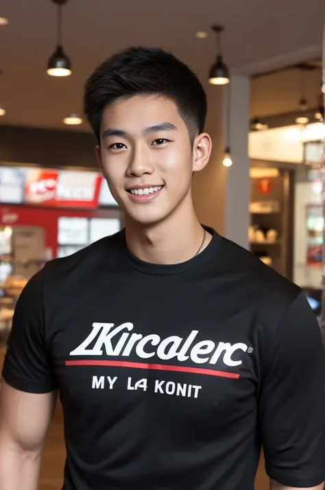 ((realistic daylight)) , Young Korean man in only a black sports shirt, no stripes, and jeans., A handsome, muscular young Asian man looks at the camera.  , In the KFC store ,turn sideways, smile