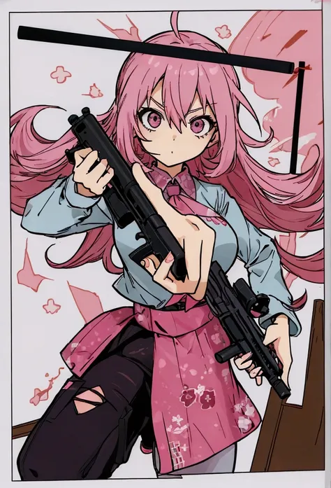 a woman with pink hair holding a gun and pointing it at the camera, with pistol, anime shot, anime machine gun fire, with a gun, female action anime girl, gapmoe yandere, shooting pose, holding gun, holding a pistol, trigger anime artstyle, haruno sakura, ...