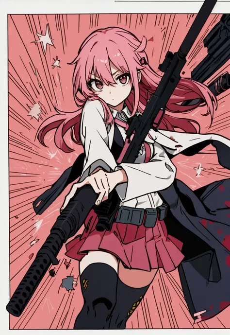 a woman with pink hair holding a gun and pointing it at the camera, with pistol, anime shot, anime machine gun fire, with a gun,...