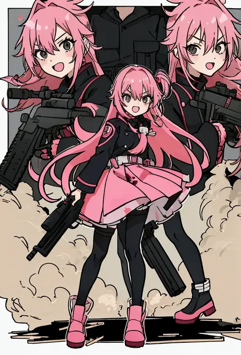 a woman with pink hair holding a gun and pointing it at the camera, with pistol, anime shot, anime machine gun fire, with a gun, female action anime girl, gapmoe yandere, shooting pose, holding gun, holding a pistol, trigger anime artstyle, haruno sakura, ...