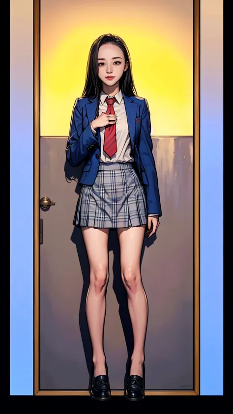 ((masterpiece)),(((best quality))),thin thighs,long legs,girl standing in school,red tie uniform,dark blue blazer,blue plaid skirt,18 years old,forehead,small smile,random pause，Pretty Woman，slim girl，