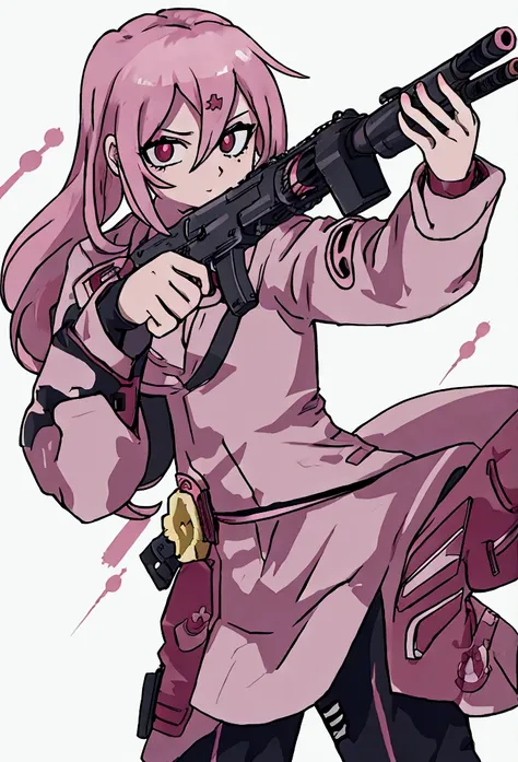 Vector style, a woman with pink hair holding a gun and pointing it at the camera, with pistol, anime shot, anime machine gun fire, with a gun, female action anime girl, gapmoe yandere, shooting pose, holding gun, holding a pistol, trigger anime artstyle, h...