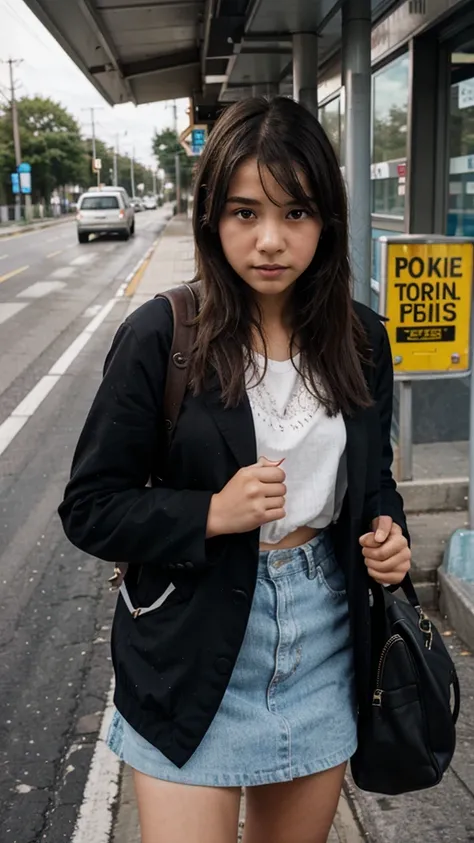 Young girl waiting for a bus on the road