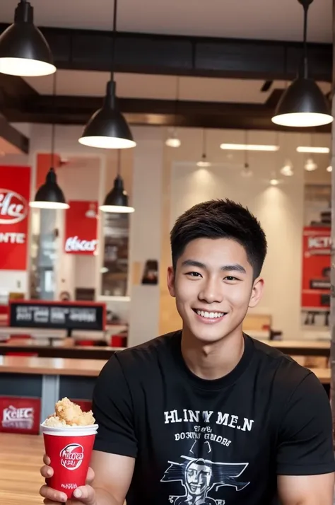 ((realistic daylight)) , Young Korean man in only a black sports shirt, no stripes, and jeans., A handsome, muscular young Asian man looks at the camera.  , In the KFC store ,turn sideways, smile