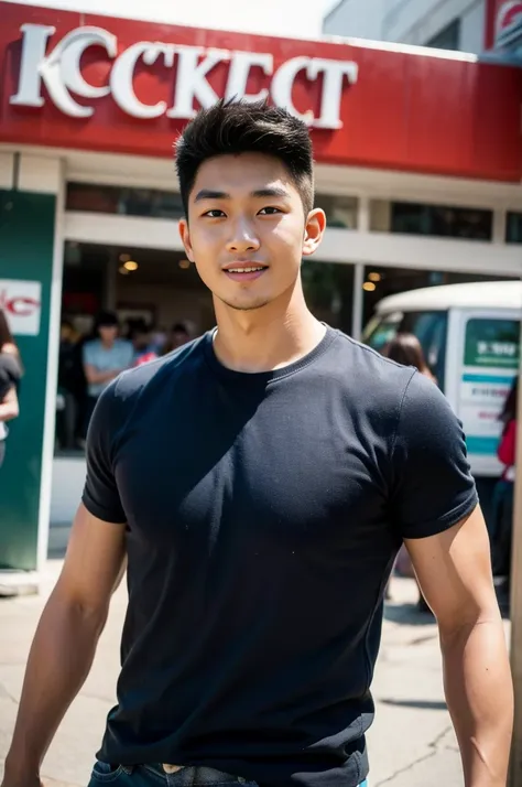 ((realistic daylight)) , young korean man in only a black sports shirt, no stripes, and jeans., a handsome, muscular young asian...