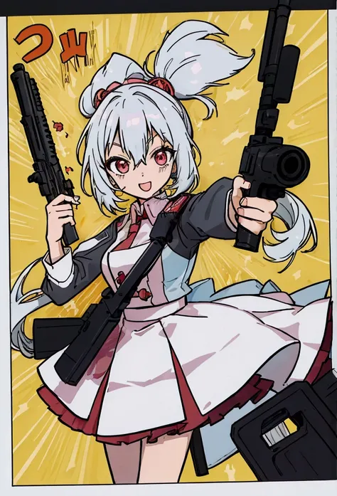 for woman witholding a gun and pointing it at the camera, with pistol, anime shot, anime machine gun fire, with a gun, female ac...