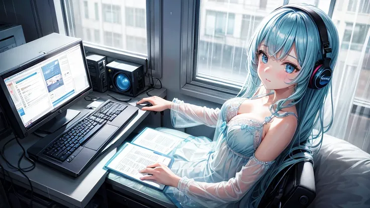 1 beautiful girl, light blue transparent dress, medium breast, using computer, music, rain on the window