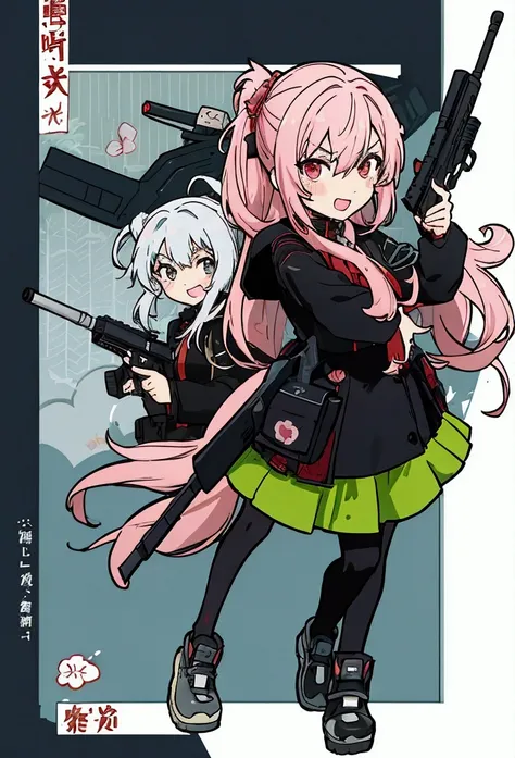 Four  woman are holding a gun and pointing it at the camera, with pistol, anime shot, anime machine gun fire, with a gun, female action anime girl, gapmoe yandere, shooting pose, holding gun, holding a pistol, trigger anime artstyle, haruno sakura, holding...