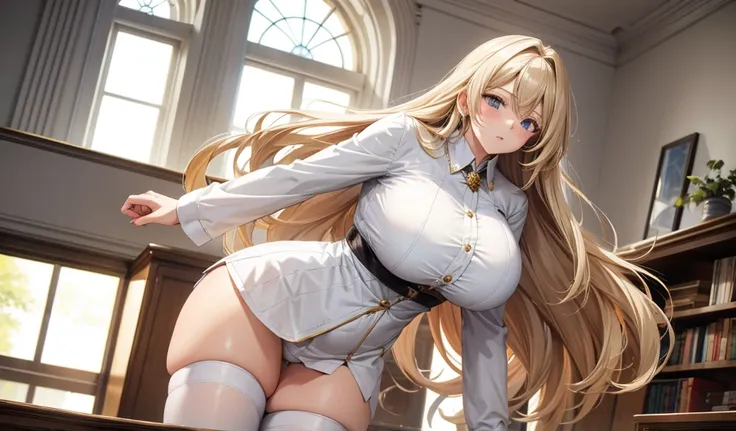 Adult woman with long blond hair and huge breasts，White open collar long sleeve shirt，briefs，thigh，Standing，Room