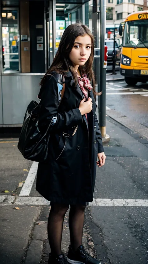 Young girl waiting for a bus on the road