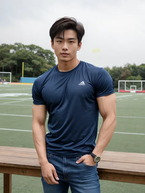 NSFW : 独奏: 1.5, (As a matter of fact, Masterpiece, 8k HD, good light quality, sportswear, fit the face, complicated details), A handsome, muscular young Korean man sits at a table, with muscular arms. , 20 years old, be happy, detailed face, delicate eyes,...