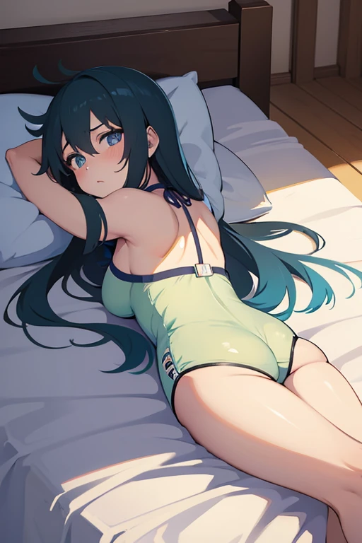 Megunme (Konosuba) laying on bed, swimsuit, exhausted