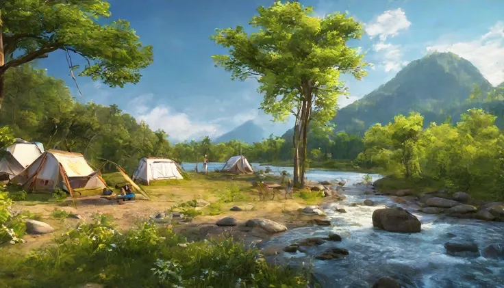 early summer,Daytime,camp site,River side,Rich in nature,Highest quality, 8k, High resolution, masterpiece:1.2, Very detailed, Realistic:1.37, High resolution, 超High resolution, Very detailed, Professional, Vibrant colors