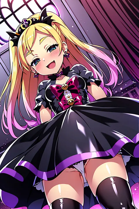 cure flora, 1girl, solo, blonde hair, pink highlights, long hair, black hair ornament, (gothic lolita:1.3), black long skirt, black tiara, black gloves, (black gothic dress:1.3), frills, black ballgown, low bat wings, black fur, ribbon, blush cheeks, stock...