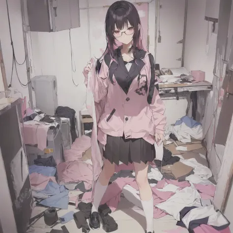 anime girl in a Messy room with a pink jacket and black skirt, Anime Moe Art Style, Cute girl anime visuals, Messy room, Dirty clothes, Anime Style 4k, Best anime 4k konachan wallpaper, Half Yamada, Yandere, destroyed clothes, Torn clothes, Burning, Anime ...